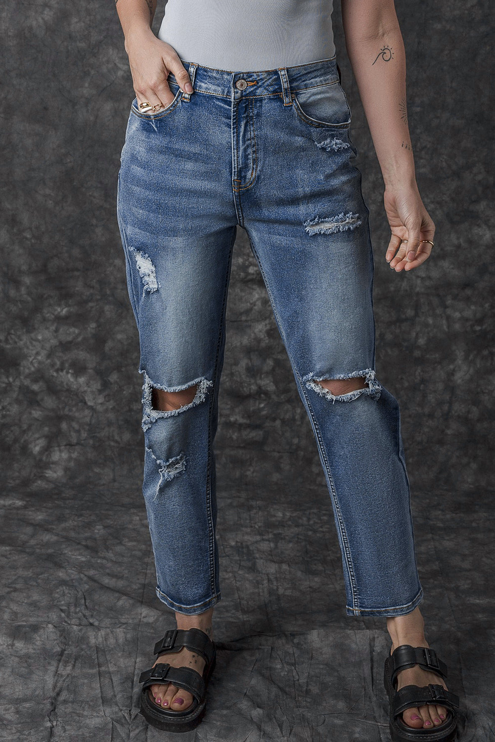 Sky Blue Open Knee Cutout Straight Leg Jeans