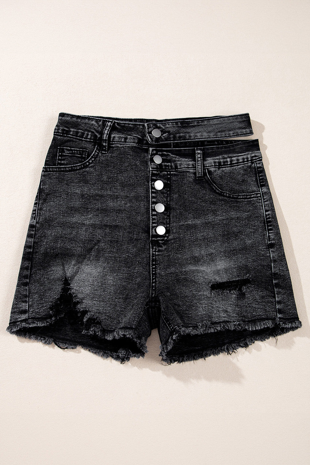 Black High Waist Multi Buttons Raw Edge Denim Shorts