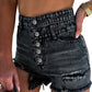 Black High Waist Multi Buttons Raw Edge Denim Shorts