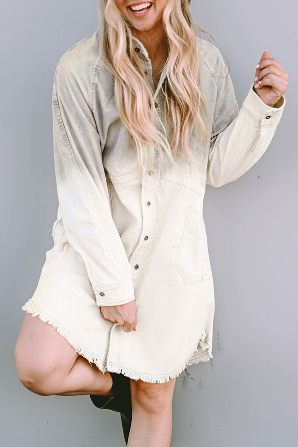 Gray Gradient Long Sleeve Button Up Raw Hem Denim Dress