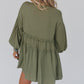 Green V Neck Puff Sleeve Frill Tiered Mini Dress