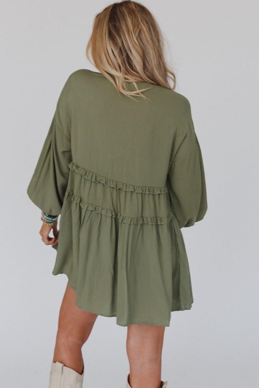 Green V Neck Puff Sleeve Frill Tiered Mini Dress