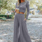 Gray Solid Color Ribbed Crop Top Long Pants Set