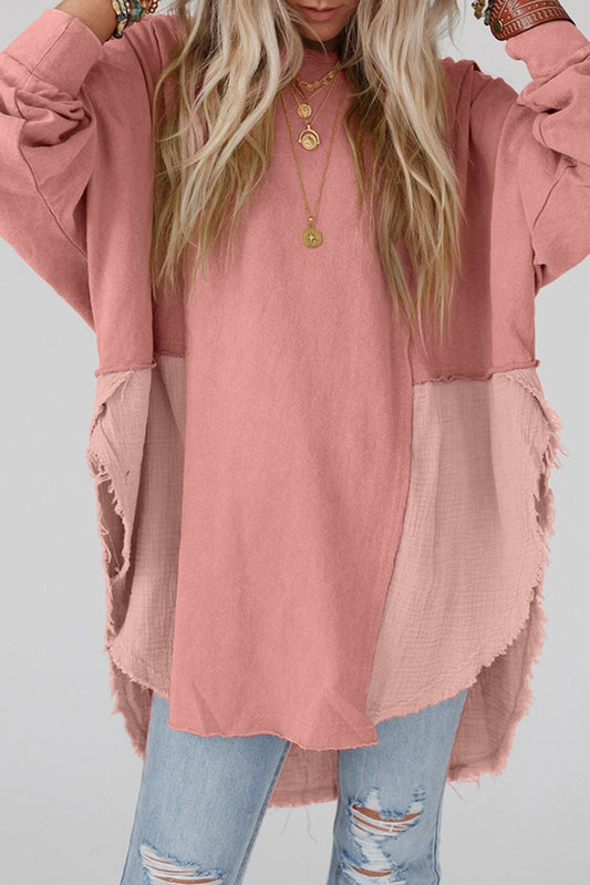 Rose Pink Crinkle Splicing Raw Hem High Low Oversized Blouse