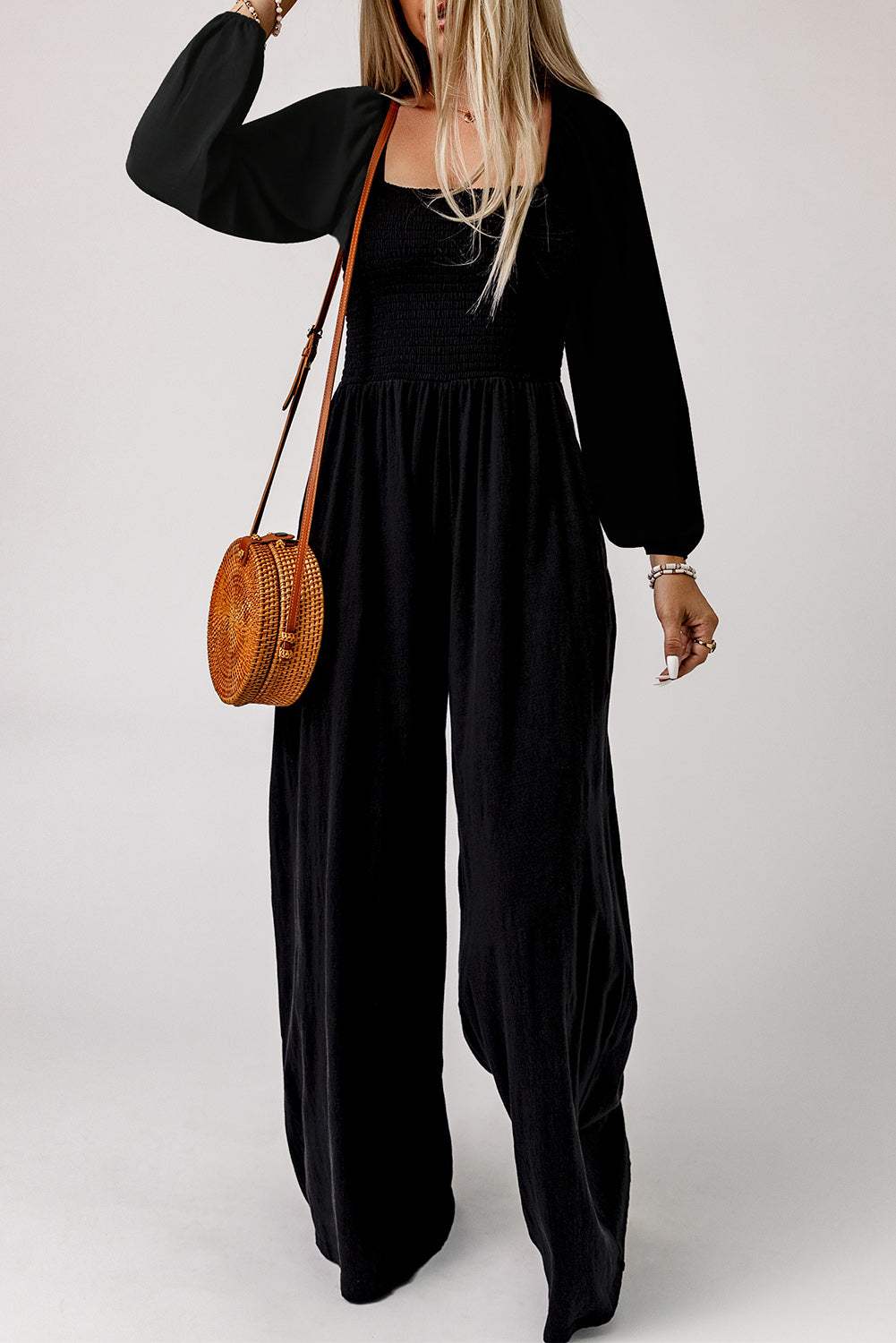 Black Smocked Square Neck Long Sleeve Wide Leg Jumpsuit