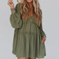 Green V Neck Puff Sleeve Frill Tiered Mini Dress