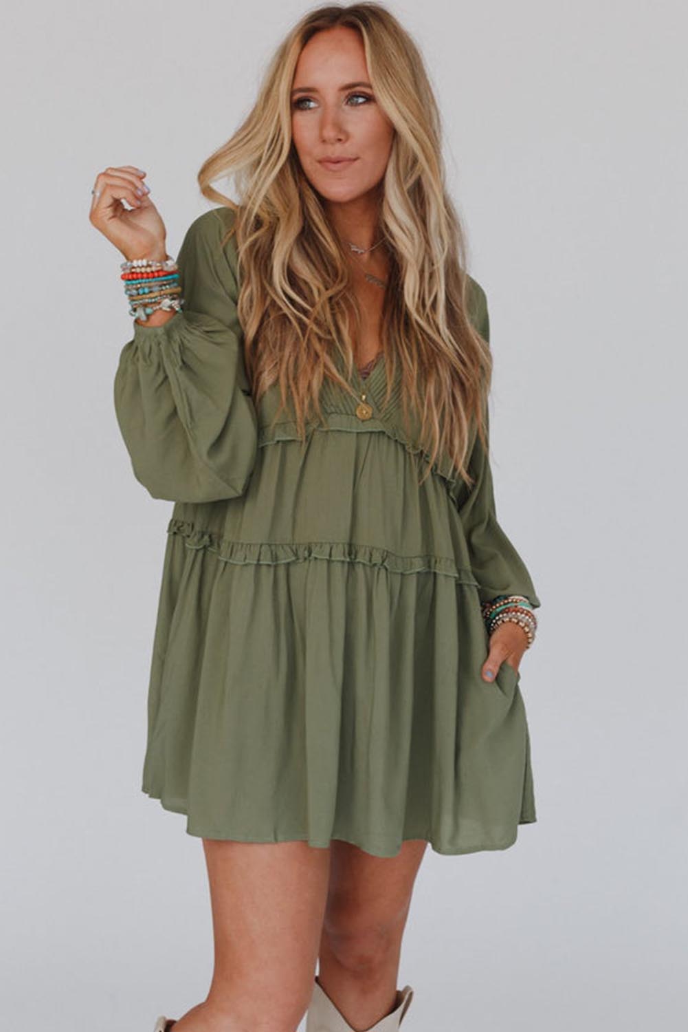 Green V Neck Puff Sleeve Frill Tiered Mini Dress