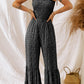 Black Khaki Thin Straps Smocked Bodice Wide Leg Floral Jumpsuit