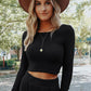 Black Solid Color Ribbed Crop Top Long Pants Set