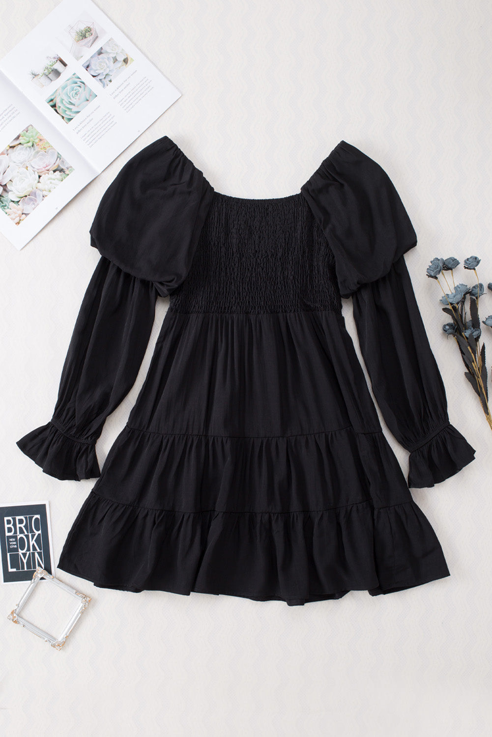 Black Boho Solid Shirred Ruffle Mini Dress