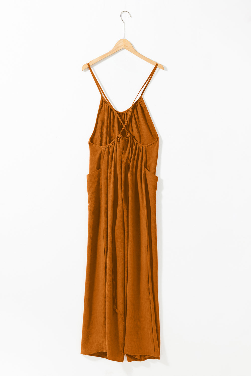 Chestnut Spaghetti Straps Waist Tie Wide Leg Jumpsuit with Pockets