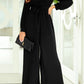 Black Cutout Back Belted V Neck Wide Leg Jumpsuit