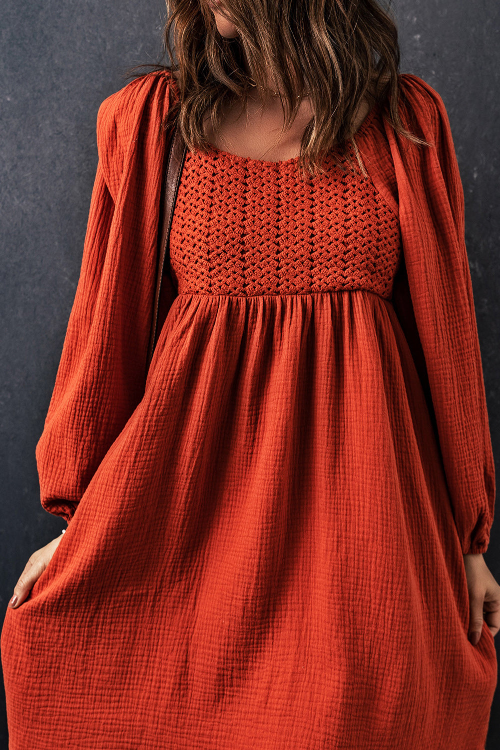 Rusty Deep Orange Textured Front Crochet Babydoll Dress