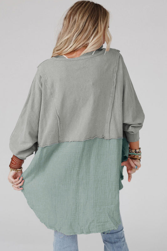 Sage Splicing Raw Hem High Low Oversized Blouse