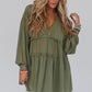 Green V Neck Puff Sleeve Frill Tiered Mini Dress