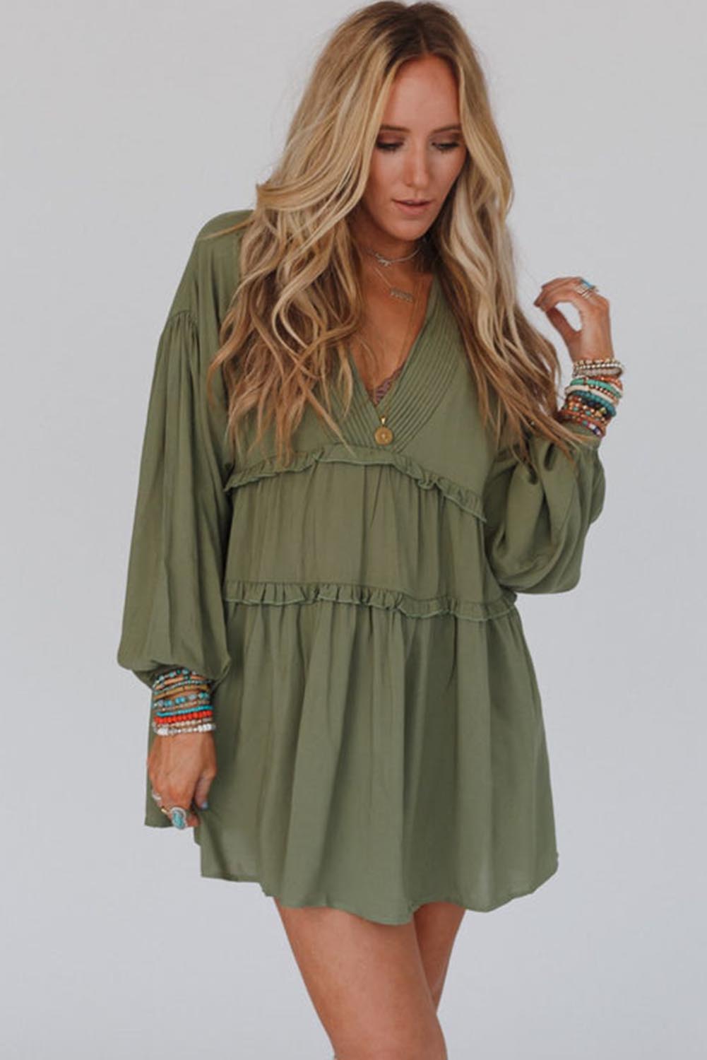 Green V Neck Puff Sleeve Frill Tiered Mini Dress