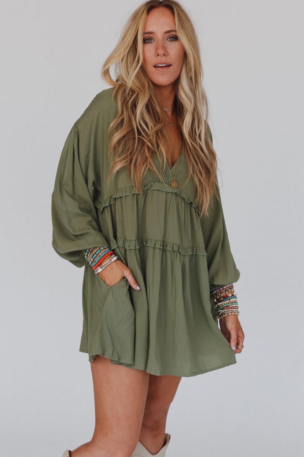 Green V Neck Puff Sleeve Frill Tiered Mini Dress