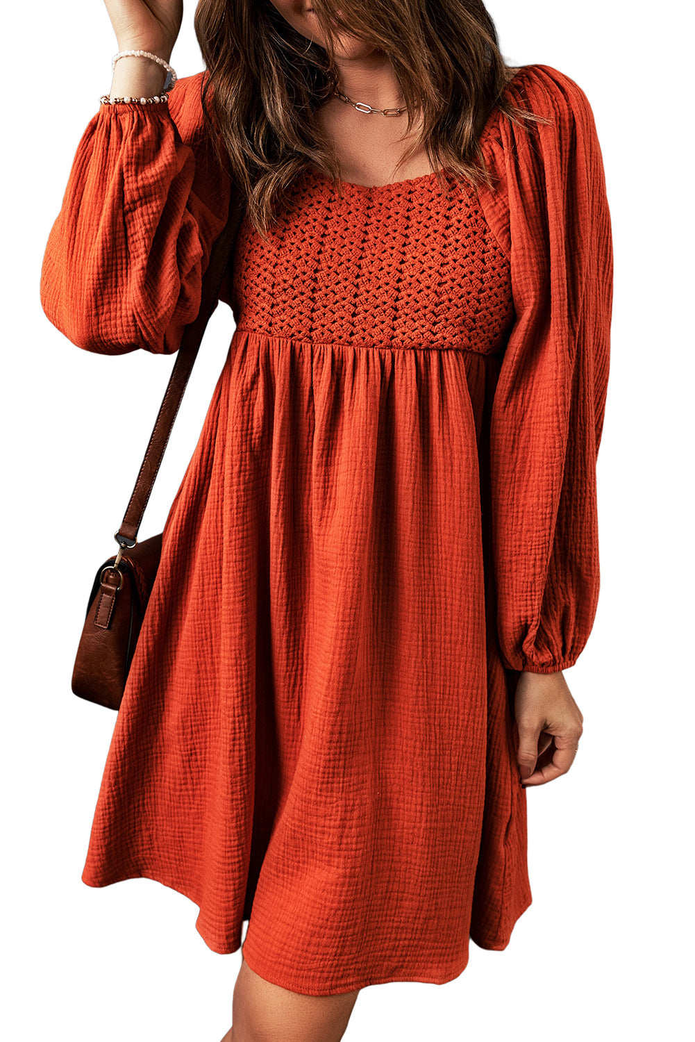 Rusty Deep Orange Textured Front Crochet Babydoll Dress