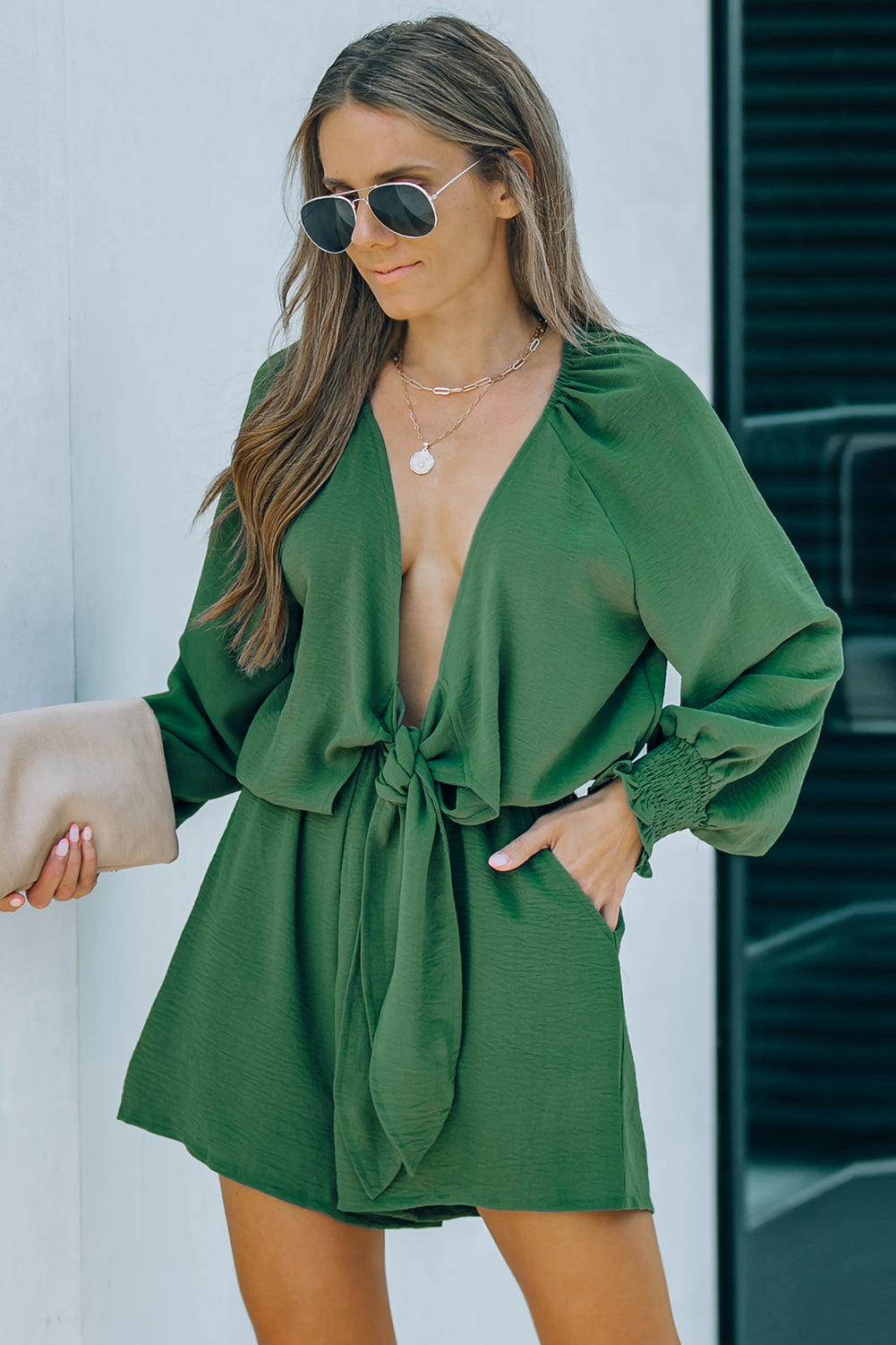 Tie Knot Puff Long Sleeve Romper