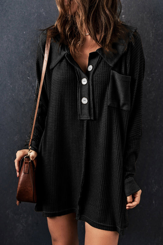 Black Waffle Knit Buttoned Long Sleeve Top