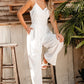 Beige Spaghetti Straps Pleated High Waist Wide Leg Jumpsuit