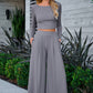 Gray Solid Color Ribbed Crop Top Long Pants Set