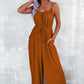 Chestnut Spaghetti Straps Waist Tie Wide Leg Jumpsuit with Pockets