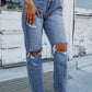 Sky Blue Open Knee Cutout Straight Leg Jeans