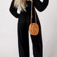 Black Smocked Square Neck Long Sleeve Wide Leg Jumpsuit