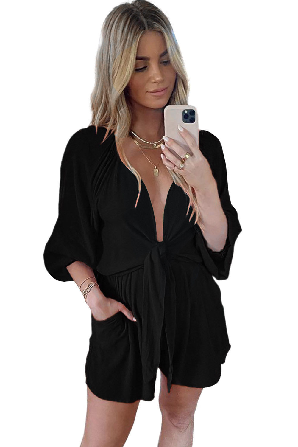 Tie Knot Puff Long Sleeve Romper