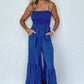 Navy Blue Spaghetti Straps Smocked Ruffled Wide Leg Jumpsuit