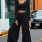 Black Solid Color Ribbed Crop Top Long Pants Set