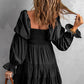 Black Boho Solid Shirred Ruffle Mini Dress