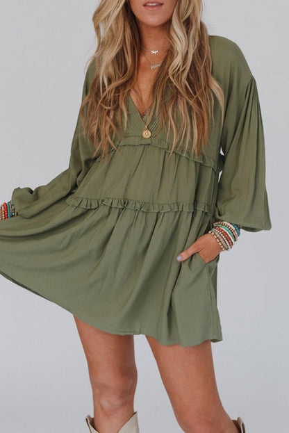 Green V Neck Puff Sleeve Frill Tiered Mini Dress