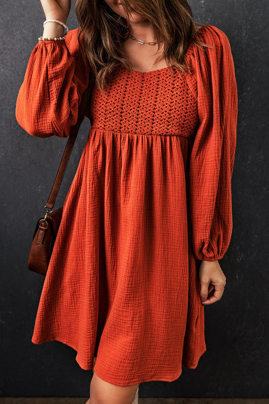 Rusty Deep Orange Textured Front Crochet Babydoll Dress