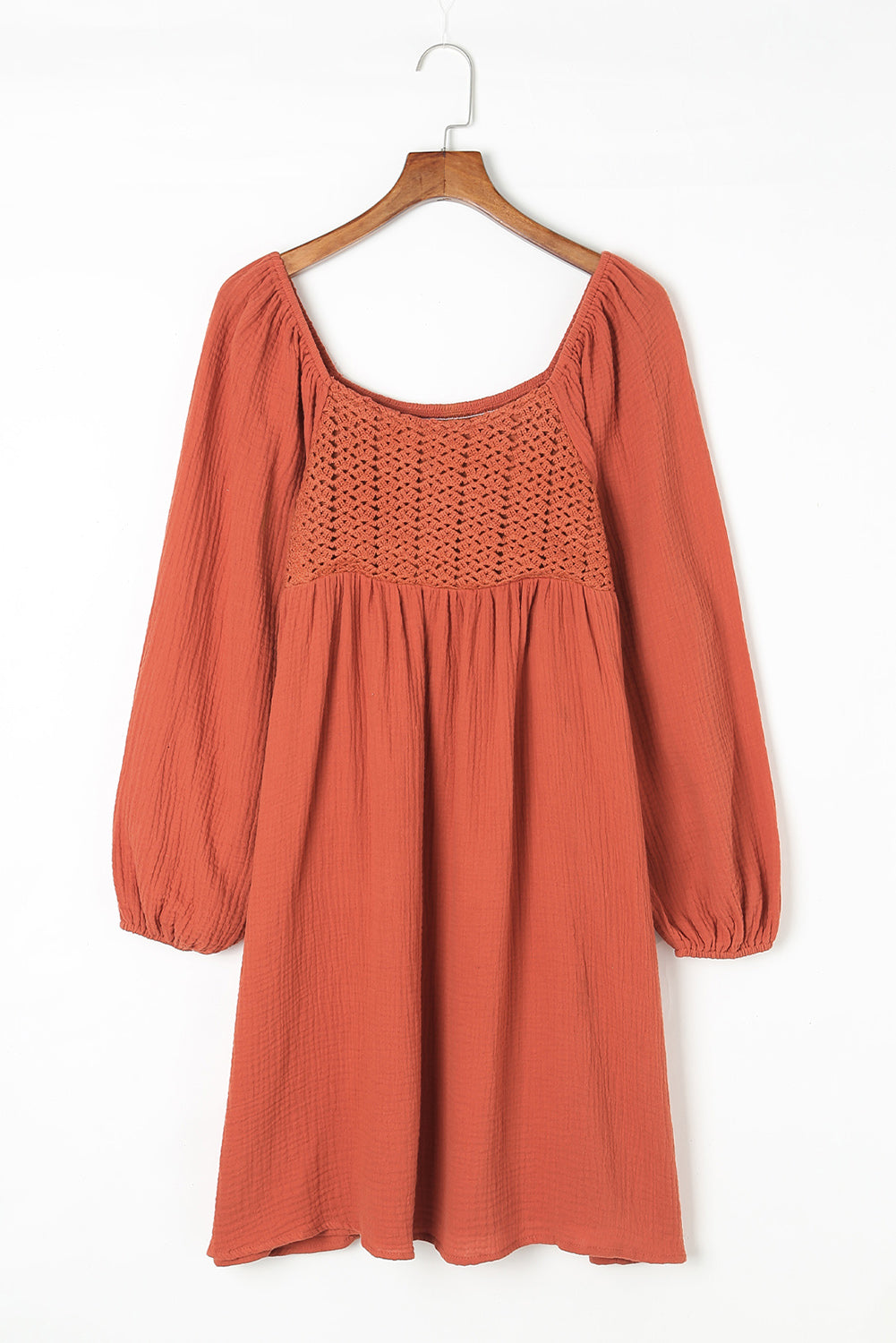 Rusty Deep Orange Textured Front Crochet Babydoll Dress