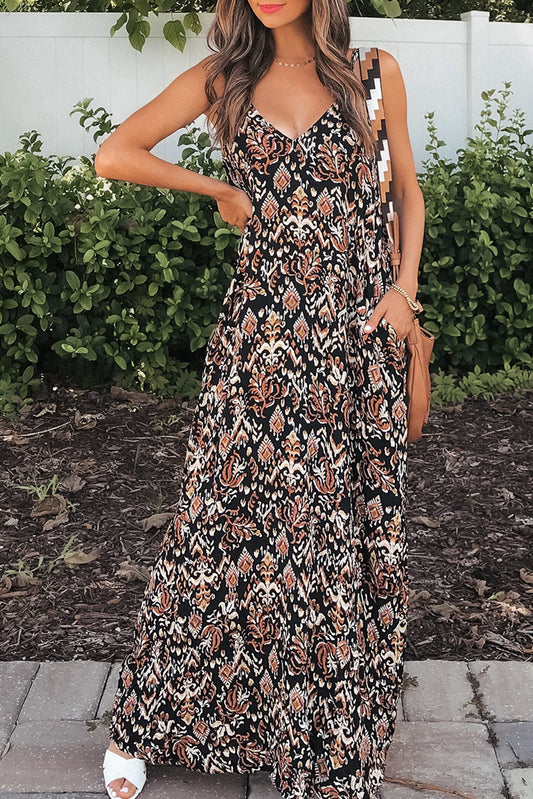 Black Boho Retro Printed Spaghetti Strap V Neck Maxi Dress