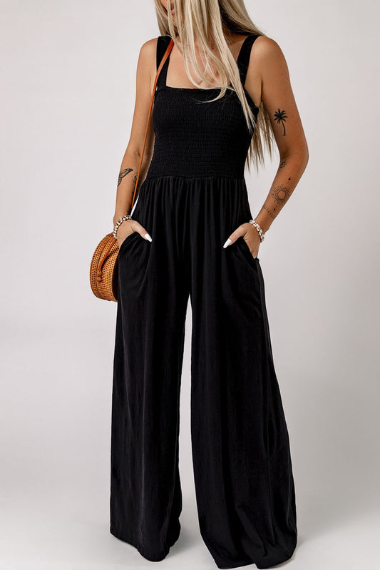 Black Smocked Sleeveless Wide Leg Jumpsuit with Pockets