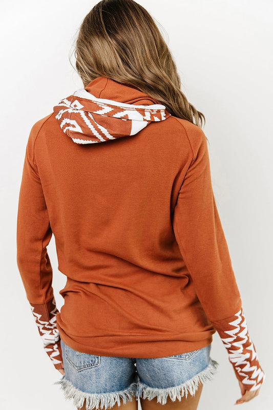 Burnt Orange Aztec Print Patchwork Thumb Hole Hoodie