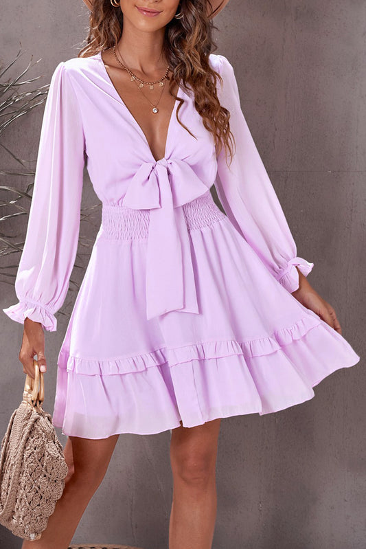 Deep V Neck Lantern Sleeve Knotted Tiered Mini Dress