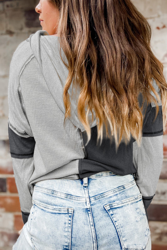 Gray Colorblock Seamed Ribbed Henley Hoodie