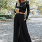 Black Solid Color Ribbed Crop Top Long Pants Set