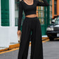 Black Solid Color Ribbed Crop Top Long Pants Set