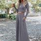 Gray Solid Color Ribbed Crop Top Long Pants Set