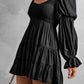 Black Boho Solid Shirred Ruffle Mini Dress