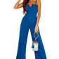 Blue Spaghetti Straps Notch V Denim Jumpsuit