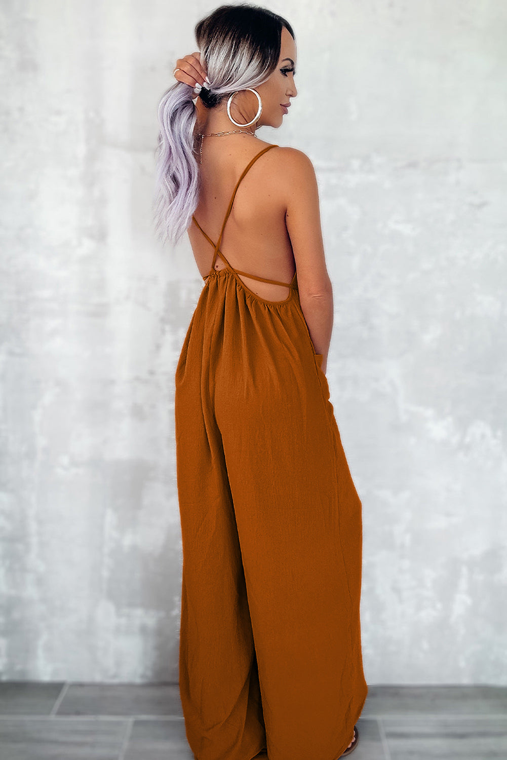 Chestnut Spaghetti Straps Waist Tie Wide Leg Jumpsuit with Pockets