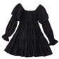 Black Boho Solid Shirred Ruffle Mini Dress