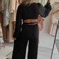 Black Cutout Back Belted V Neck Wide Leg Jumpsuit