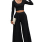 Black Solid Color Ribbed Crop Top Long Pants Set